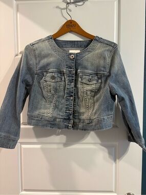 Torrid Denim Jacket Size 00 Light Wash Cropped Collarless Stretch Jean Jacket